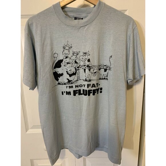 I’m Not Fat- I’m FLUFFY! Cows T-Shirt Sz L Blue Black Screen Stars Tag - Picture 3 of 7